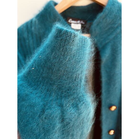 Fuzzy 80% Angora Sweater CONNIE A. LEE Green Cardigan S/M VTG Coquette - Picture 4 of 5